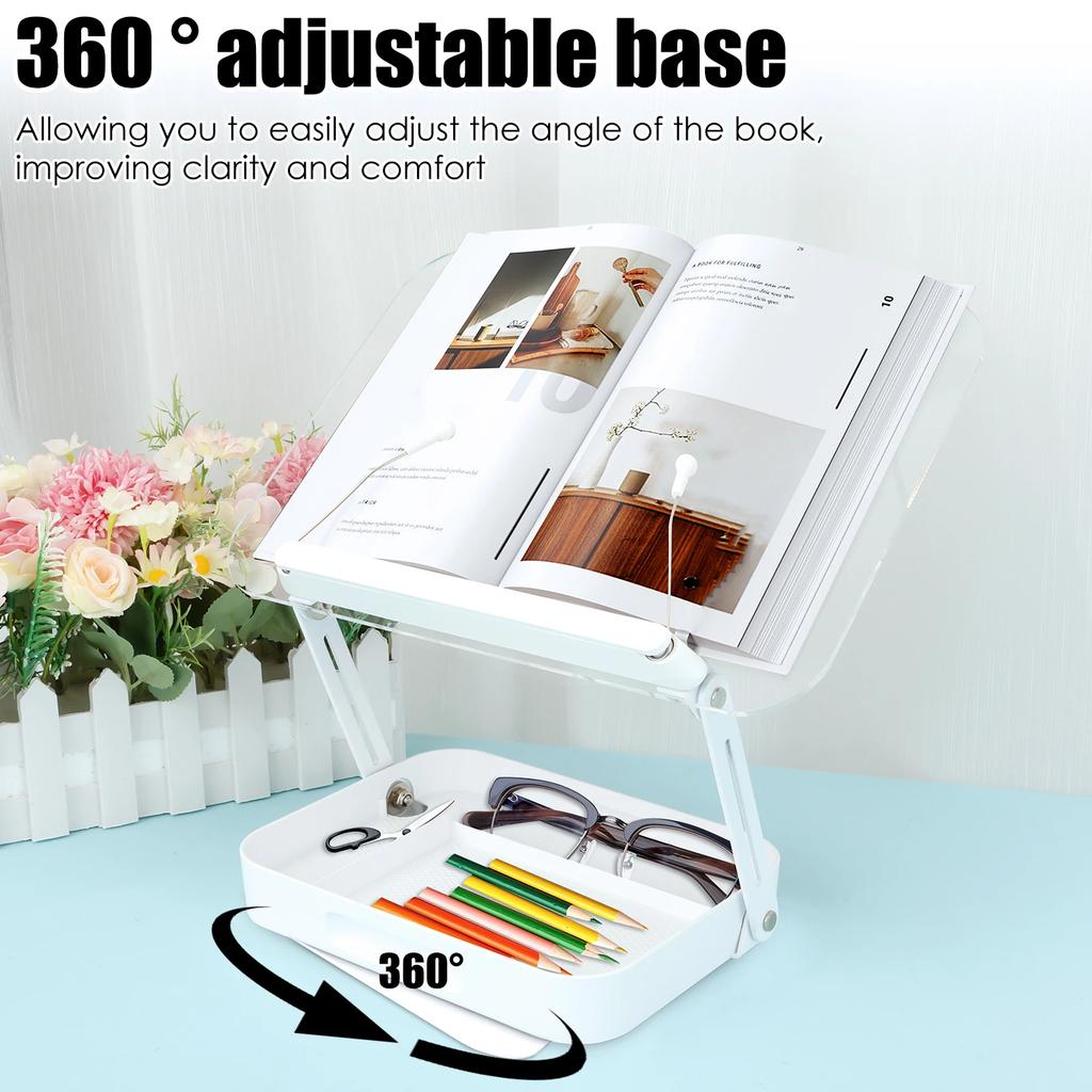 Transparent Book Stand Height Adjustable Book Holder with Storage and 360° Adjustable Base Foldable Tablet Laptop Reading Stand