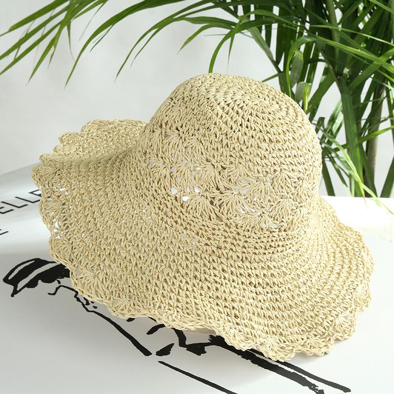 Women's Summer Korean Style Hand Crocheted Straw Hat Fashionable Simple Woven Hollow Out Wide Brim Hat Casual Vacation Beach Hat