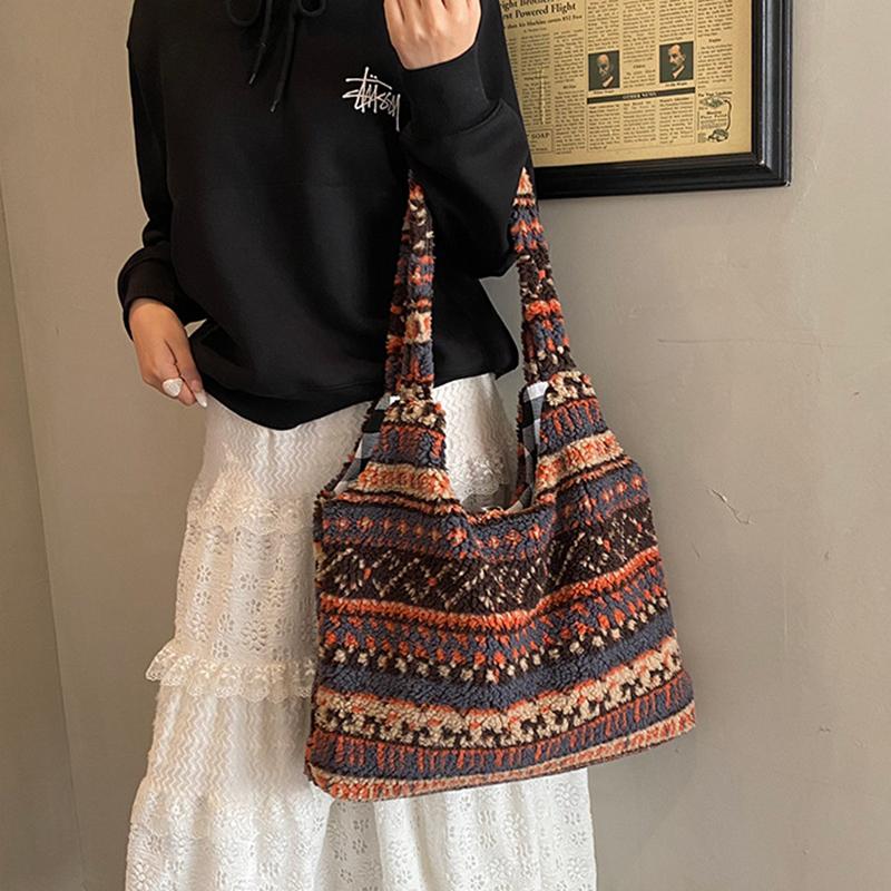 Women's Striped Plush Shopper Tote Bag Lightweight Large Capacity Ethnic Style Shoulder Bag Fluffy Casual Winter Underarm Bags
