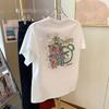 European Cartoon Print Cotton T-Shirt - White, Short Sleeve, Loose Fit, Round Neck, Summer 2025 Women's Fashion