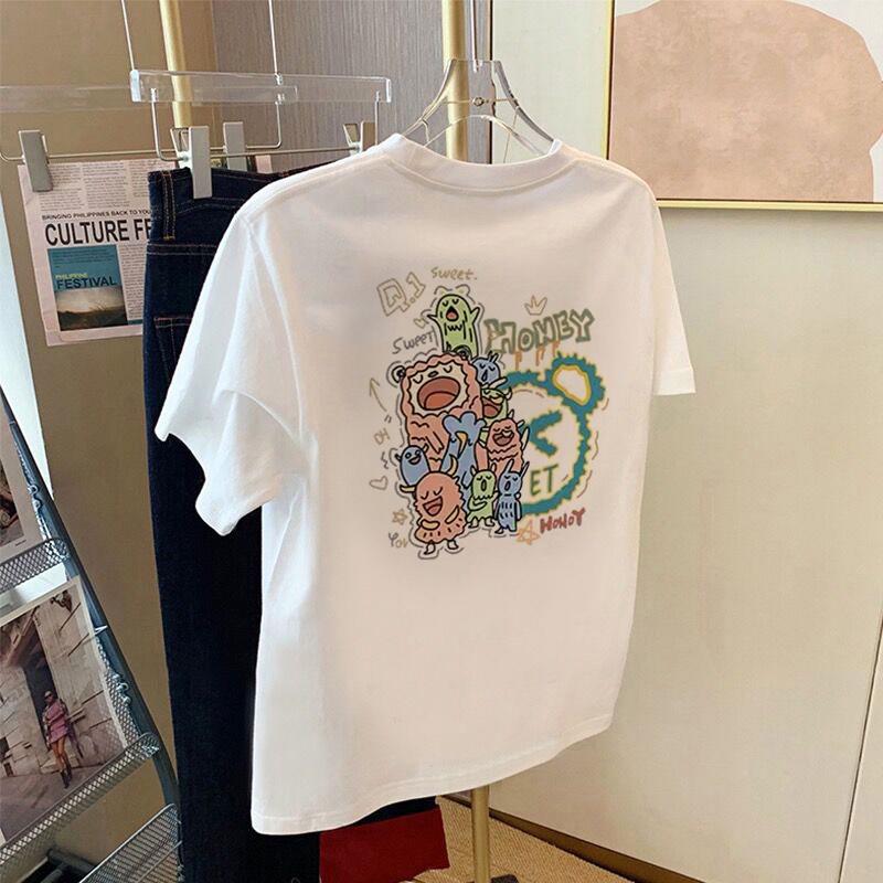 European Cartoon Print Cotton T-Shirt - White, Short Sleeve, Loose Fit, Round Neck, Summer 2025 Women's Fashion