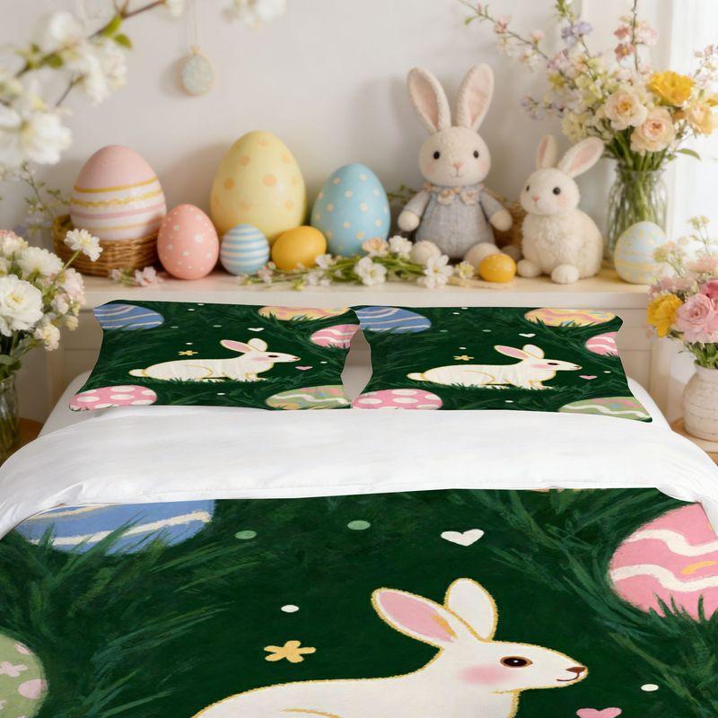 Bedding,Pillowcase,Quilt Cover 3-Piece Set,White Rabbit,Easter Egg Pattern,Easter Home Decoration