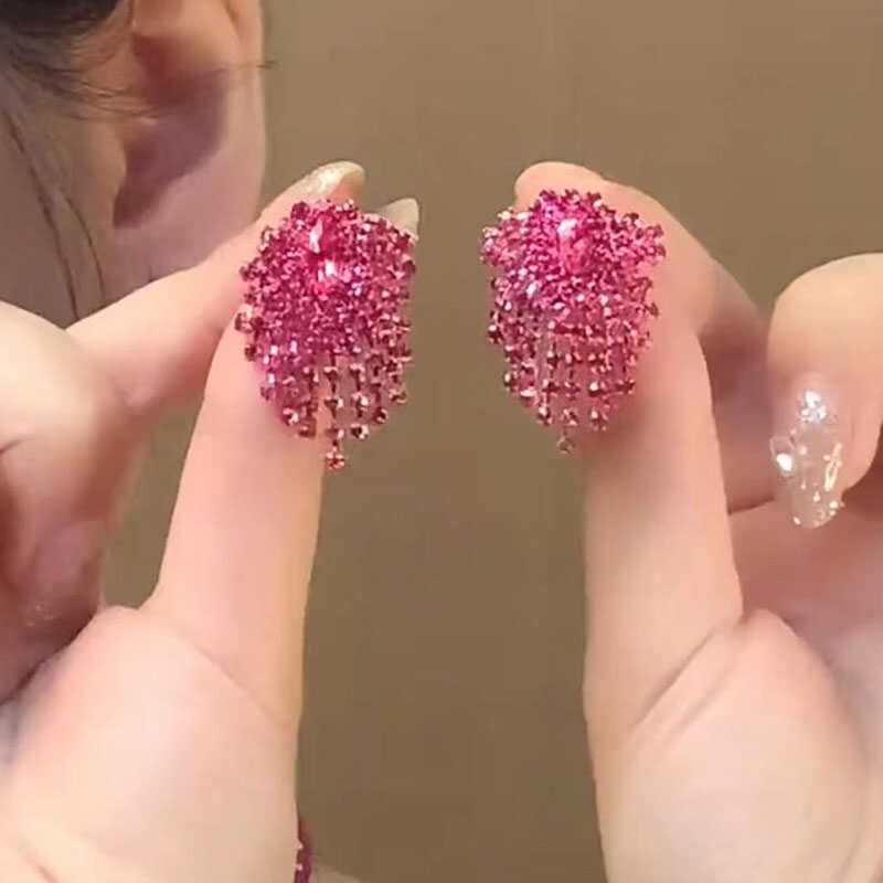 

Purplish Red Crystal Tassel Earrings Temperament Entry Lux Sweet Freshess Earrings 2025 New Arrival Hot-Sale Earrings Silver Needle Crystal tassel earrings