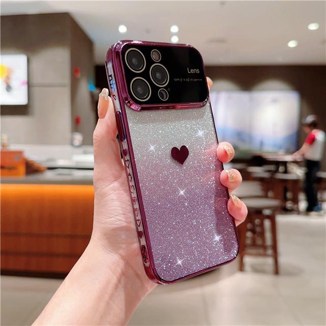 Luxury Plating Heart Love Bumper Flash Gradual Phone Case For iPhone 14 13 12 11 Pro Max Lens Protector On 14 Plus Glitter Cover