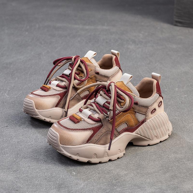 Johnature Casual Genuine Leather Splicing Mesh Mixed Colors Lace Up Fashionable Comfortable Versatile Women's Shoes