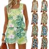Women Summer Casual Floral Print Tank Top Square Neck Sleeveless Sportswear with Pockets Shorts Set Lightweight Breathable