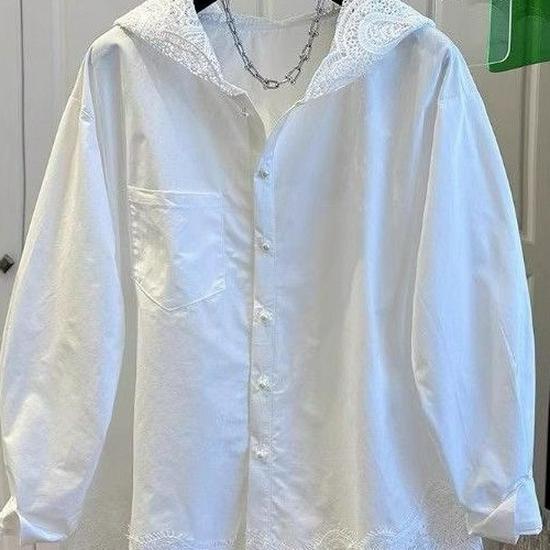 European Fashion Lace Hem Hooded Long Sleeve Women's Loose Shirt for Spring and Autumn