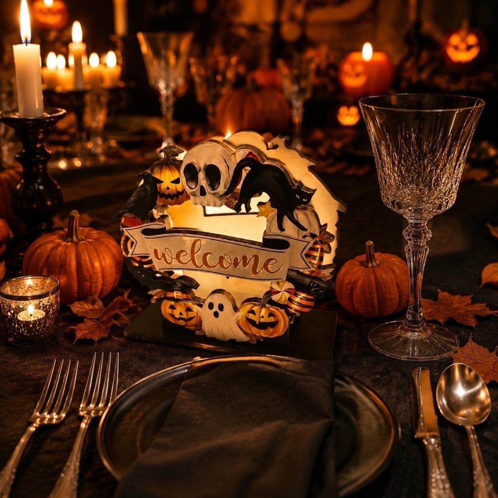 Wooden Halloween Napkin Holder Tabletop Decoration Festive Party Home Display Seasonal Ornament with Pumpkin and Ghost Design