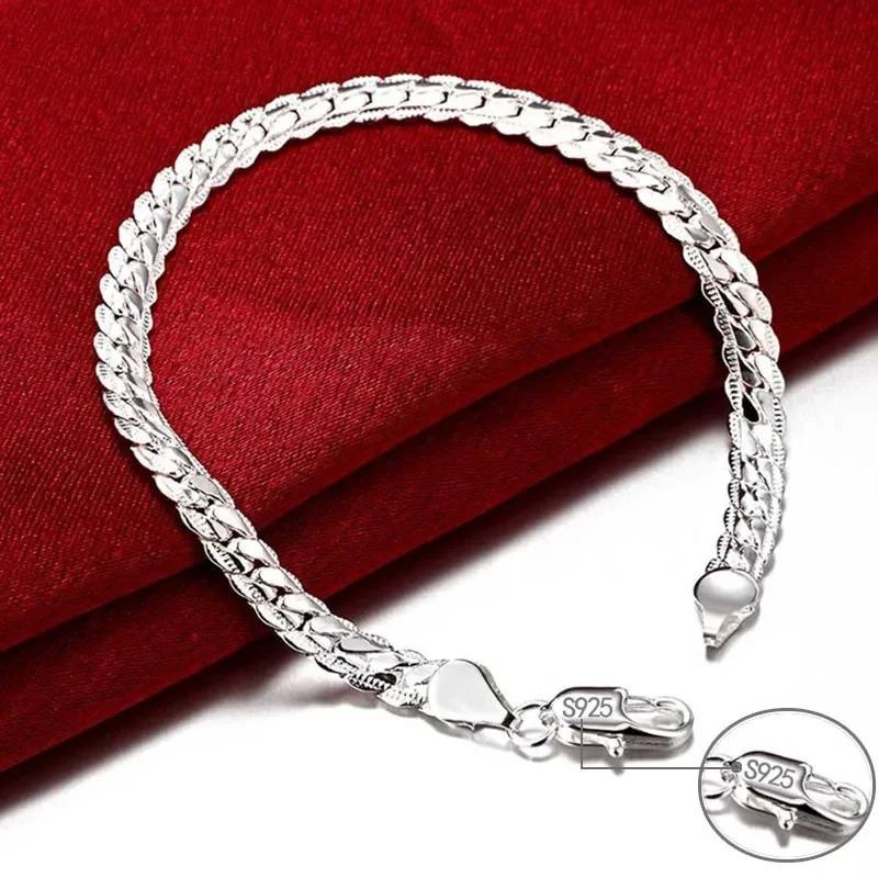 

925 Sterling Copper Bracelet for Women 6mm 18/20cm Flat Side Chain Lobster Clasp for Women Men Wedding Engagement Zircon 18cm