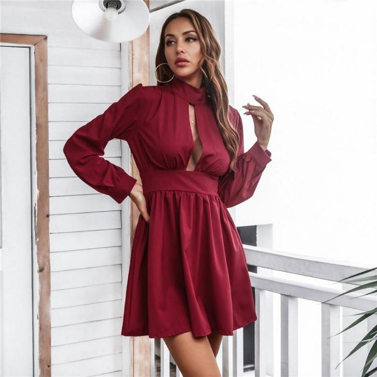 Women Summer A-Line Dress High Waist Slim Fit Stand Collar Above Knee Full Sleeve Solid Color Spring S-XL