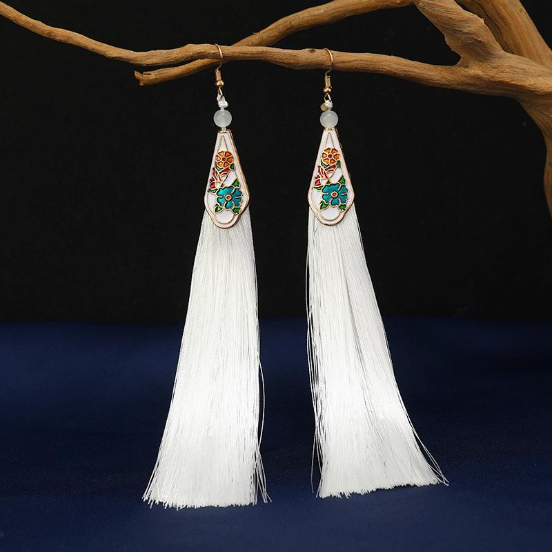 Medium cloisonne long fringed earrings retro temperament versatile cheongsam earrings Chinese earrings women