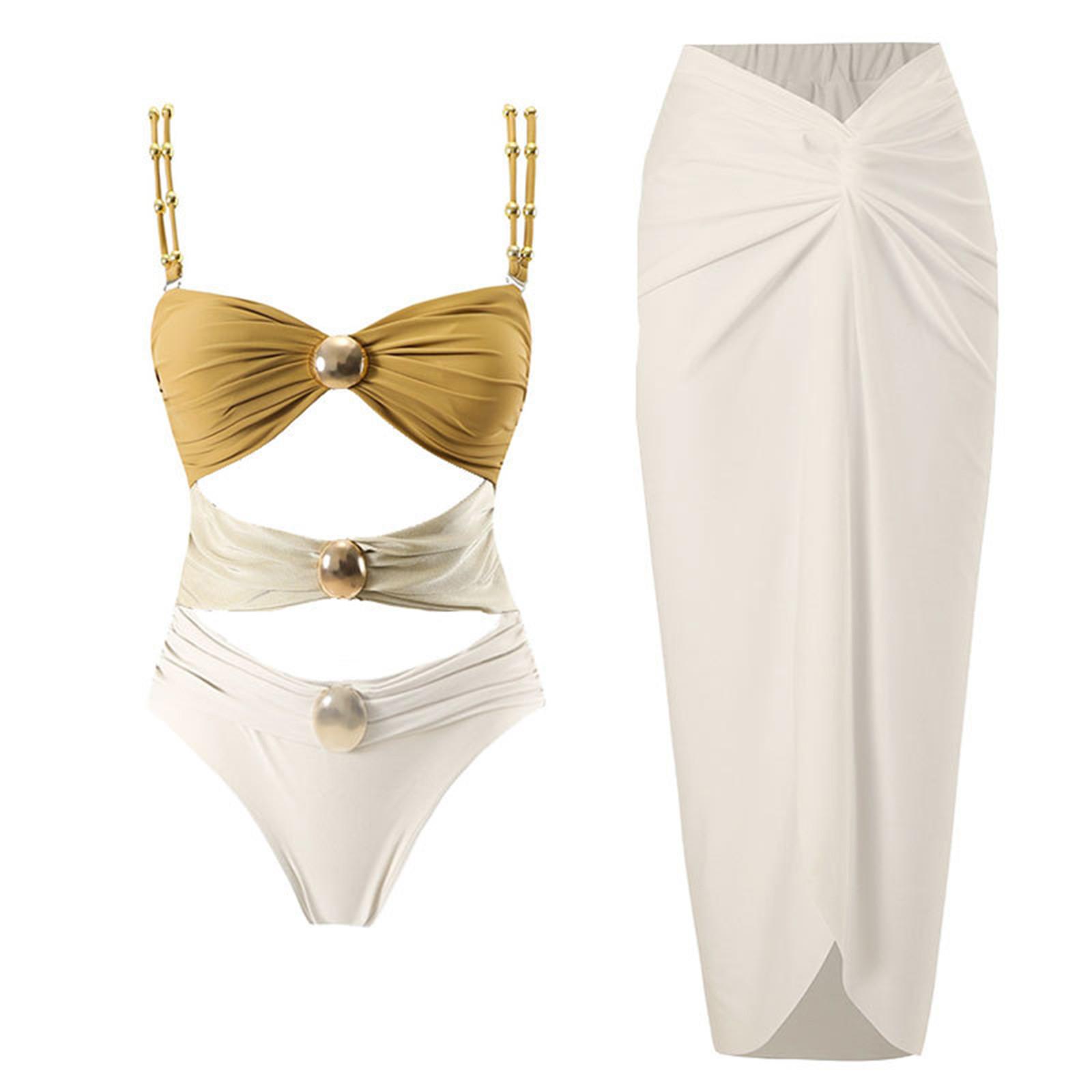 

Женский модный раздельный купальник-бикини из двух частей, обтягивающий, шифоновая юбка, купальник-костюм L бежевый