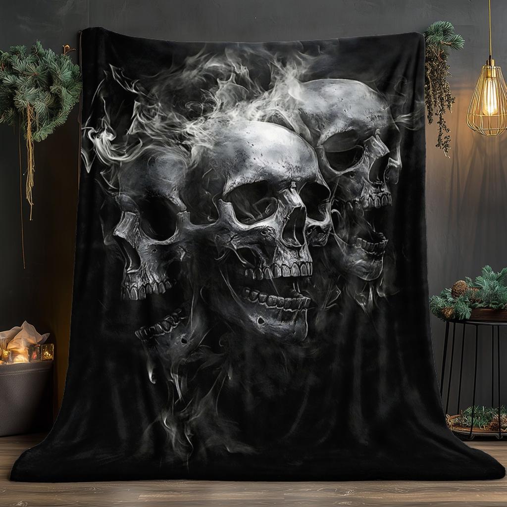 Black Skull with Smoky Effect Print Art Blanket - Soft All-Season Multi-Purpose Throw for Sofa, Travel, Camping, Office & Bed