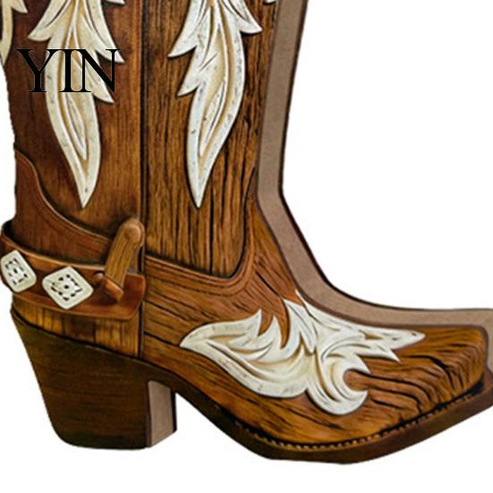 Farmhouse Flower Arrangement Holder Wooden Cowboy Boots Wall Planter for Indoor Plants, Western Boot Hanging Vase Decorative Wood Grain Sculpture Faux