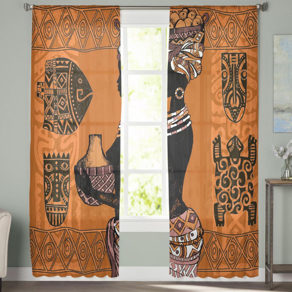 Silueta africkej ženy, geometrická kultúra, priehľadné závesy do obývačky, spálne, dekorácie, okenné voile, tylové závesy