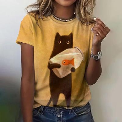T-Shirt mit Fisch- und Katzenprint, Rundhalsausschnitt, lässiges Kurzarm-T-Shirt für Frühling und Sommer, Damenbekleidung
