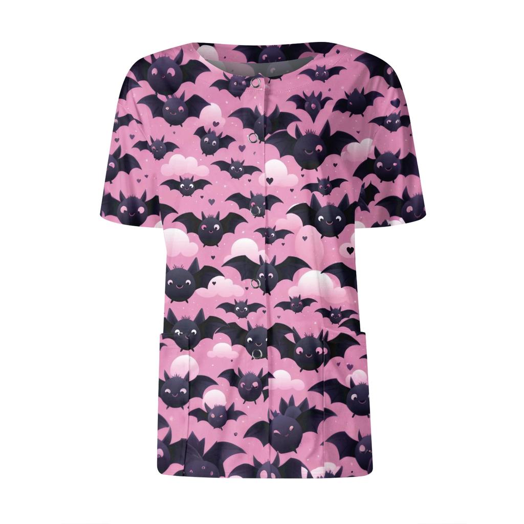 Women's Short Sleeved Patterned Pockets, Work Print Stand Up Collar, Single Breasted Protective Clothing, Cardigan Jacket, Top