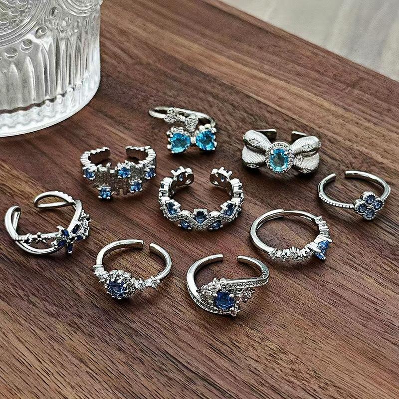 Sweet Light Luxury Sea Blue Zircon Super Flash Open Ring Niche High-End Feeling Stacking Wearing Colored Treasure Ring Woman
