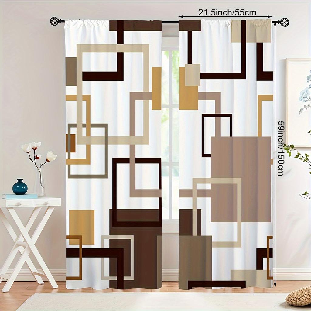2pcs Polyester Geometric Abstract Square Line Print Curtains   Rod Pocket Window Treatment for Bedroom   Office   Kitchen   Living