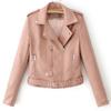 Lady Leather Long Sleeve Lapel Zipper Button Pocket Motorcycle Jacket Short Coat