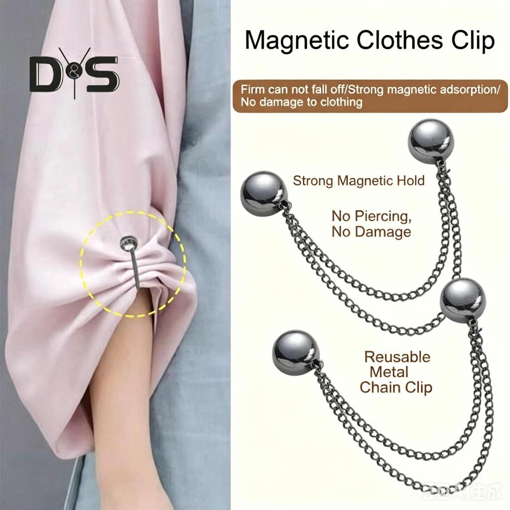 2-Piece Metal Magnetic Clothes Clip with Chain and Needleless
