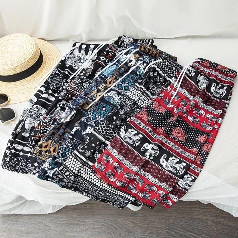 Elephant Pants Shorts Casual Adjustable Elastic High Waistband Strap Rope Women Men Unisex Print Thailand Streetwear Beach Bohemian Retro Vintage
