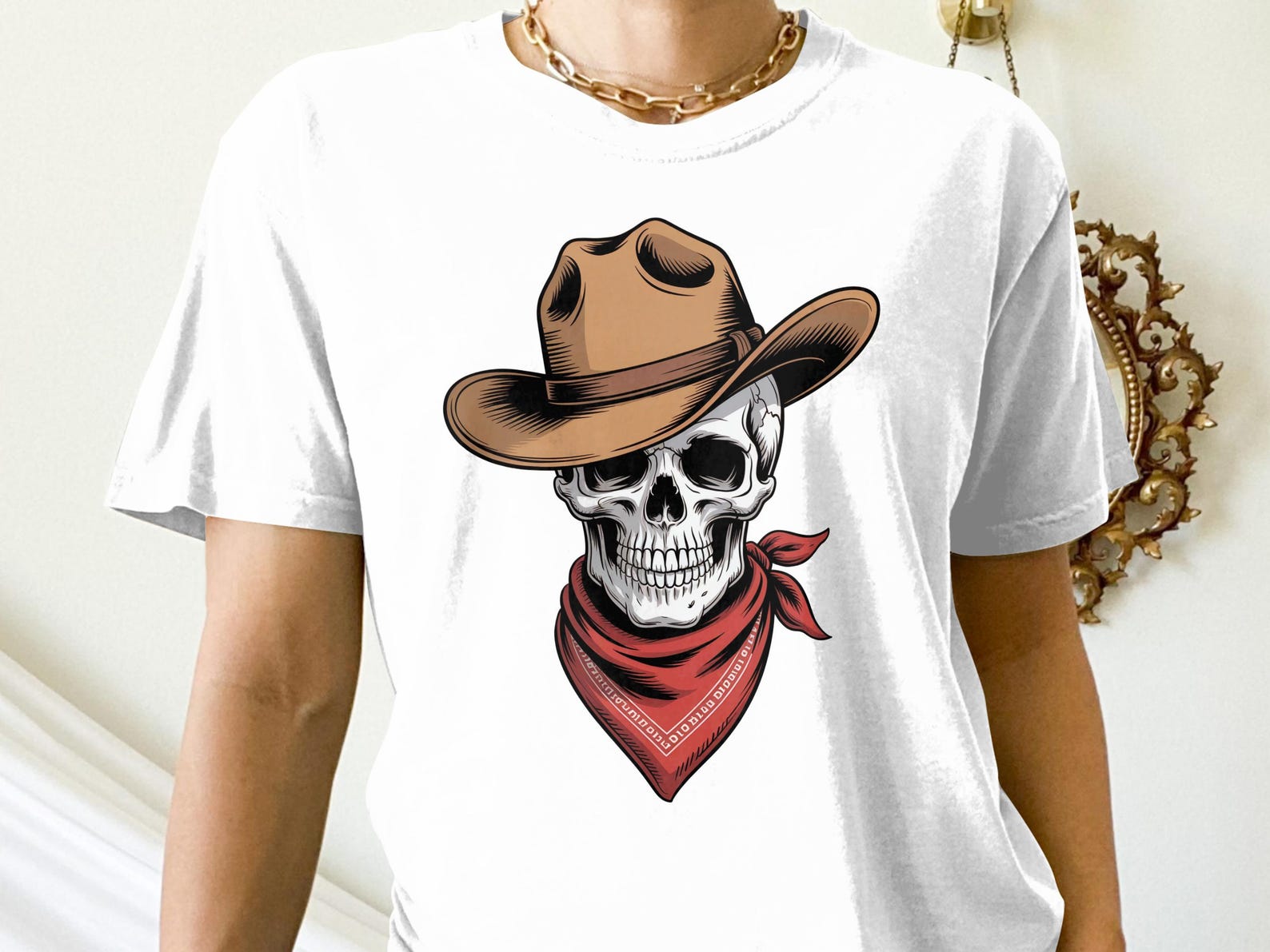 Cowboy Skull T-Shirt, Western Skeleton Tee, Bandana Skull, Country Style, Rodeo Shirt, Skull Graphic T-Shirt S