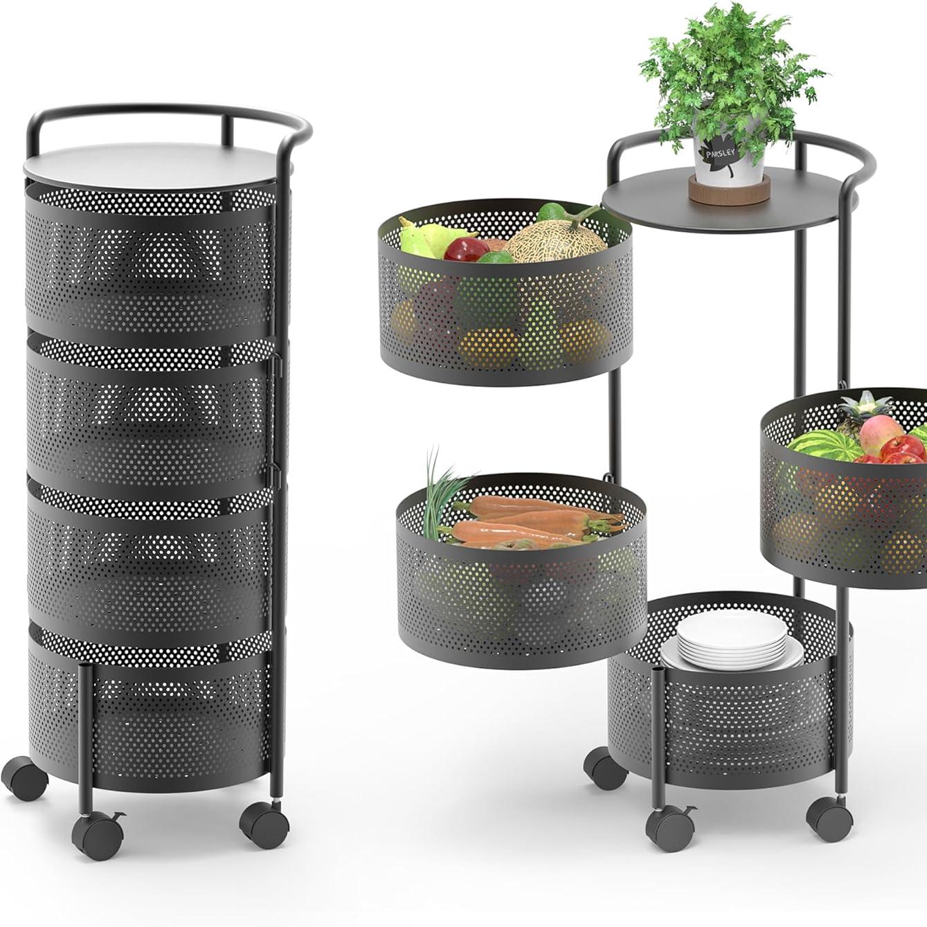 

Вращающаяся корзина для фруктов 3//4/5 Металлическая прочная кухонная полка для хранения Тележки без сборки на роликовых колесах для фруктов, овощей, бакалеи, кукурузы, картофеля, лука