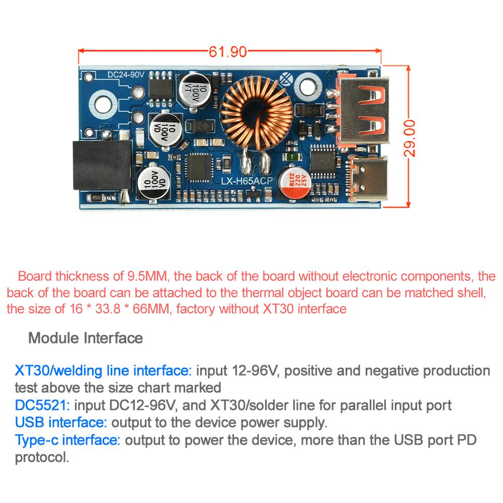DC 20–96V PD 65W Buck Module, PD/QC 2.0 and 3.0 Dual USB Type-C Fast-Charging Adapter, Suitable for Apple, Huawei and Others
