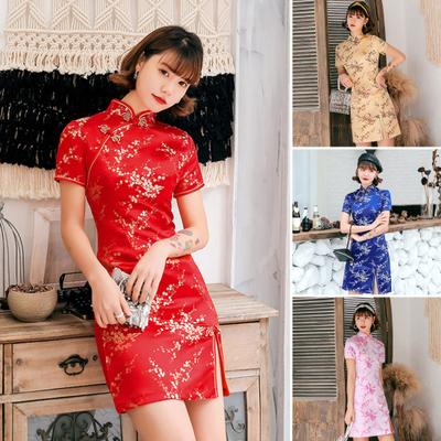 Mandarin Collar Short Sleeve Disc Buckles Side Split Hip Wrap Lady Cheongsam Elegant Flower Print Chinese Style Qipao Mini Dress New Year Clothing