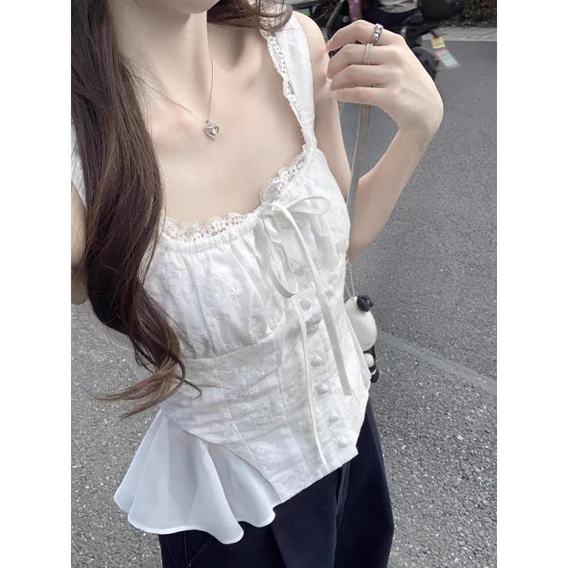 White Bow Sling Vest Women's Summer Wear Design Sense Unique Beautiful Shirt Sleeveless Shirt Top