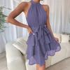 Women Halter Sleeveless Dress Ruffle Layered Swing Dress Loose Lightweight Elegant Solid Color