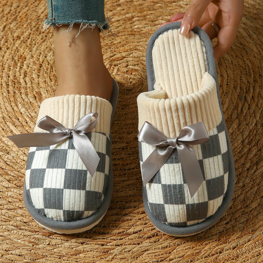 Cozy Checkered Slip-On Slippers with Bow Soft Indoor Slippers Checkered Pattern Knit Construction Slippers for Indoor Use