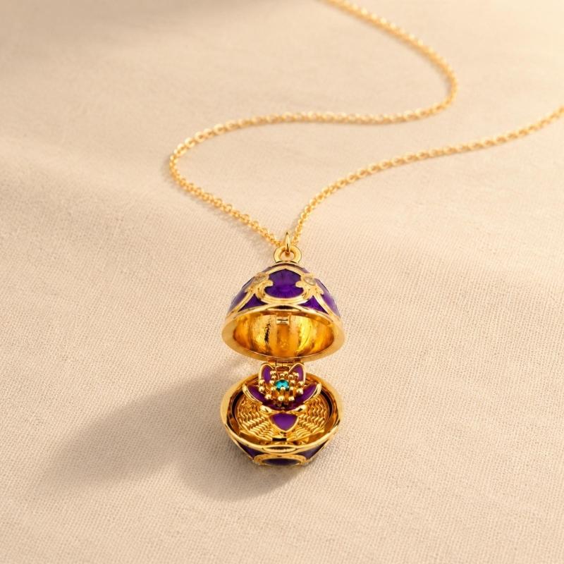 Enamel Egg Pendant Necklace with Hinged Opening, Collarbone Chain, Gold-Tone Chain, and Easter Outfit Styling for Women
