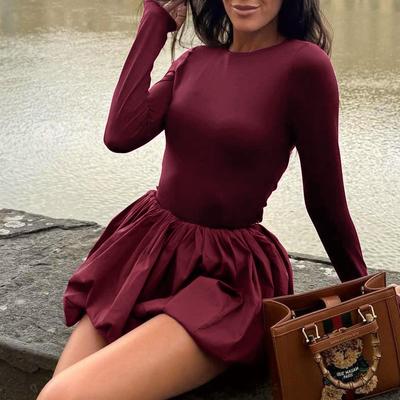 Women's Autumn Temperament Round Neck Slim Long Sleeve Halter Short Elegant Pod Dress