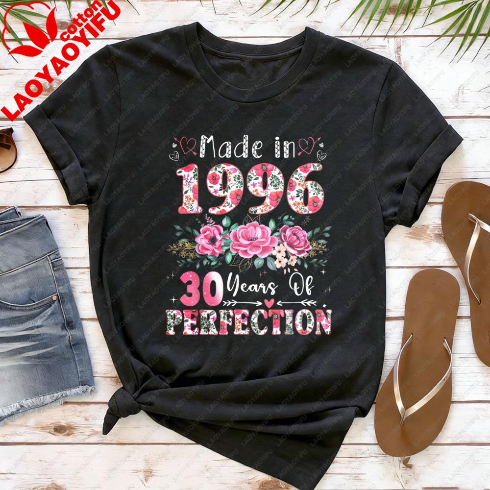 Made in 1996 T Shirt Women 30 Years of Perfection Floral Graphic Tee 30th Birthday Gift Cotton Short Sleeve O Neck Tops
