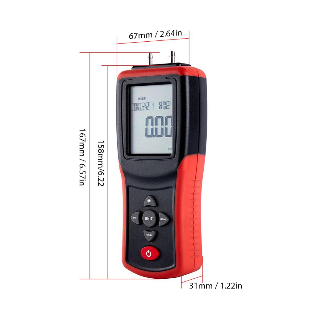 Digital Manometer 2.4 Inch LCD High Precision Hand Held Dual Port Manometer +  2Psi Differential Air Pressure Gauge