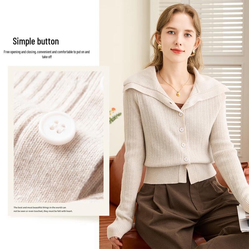 TUHUANG Women's Pure Wool Ribbed Sailor Collar Cardigan Sweater