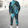 Men Plus Size Round Neck Long Sleeve Printed Blue Gold Two Piece Pants Set