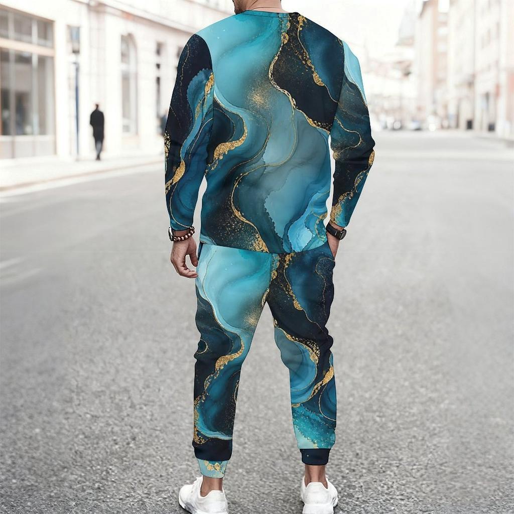 Men Plus Size Round Neck Long Sleeve Printed Blue Gold Two Piece Pants Set