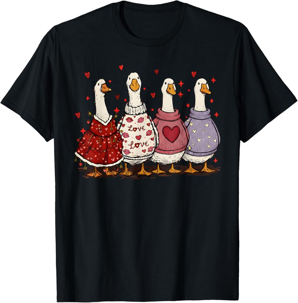 Cute Valentines Day Geese Ducks In Sweaters Graphic T-Shirt Casual Daily Wear