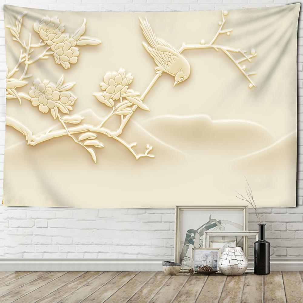 Jade Flower Bird Sculpture Tapestry Ancient Art Style Home Decor TV Background Wall Polyester Boho Decor Hippie Wall Hanging