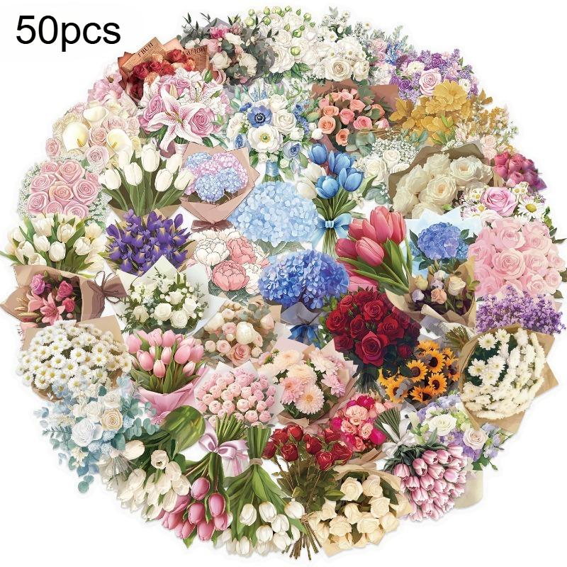 

50pcs Satin Dream Flower Stickers Luggage Diary Notebooks Phone Cases Fridge Guitar Skateboard Decoration Holidays Perfect Gift