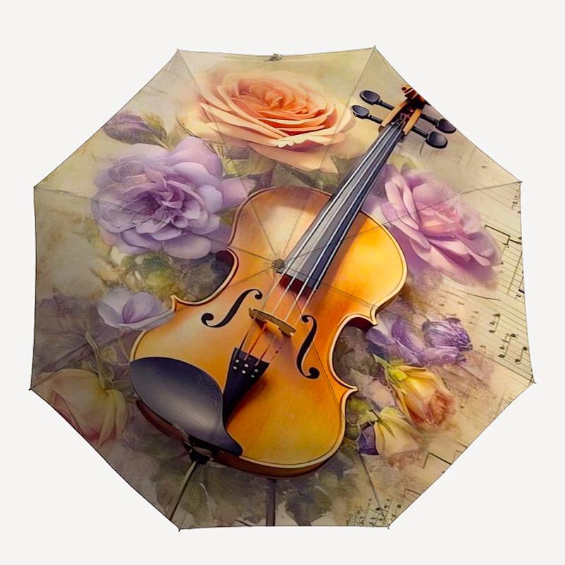 1pc Violin with Roses and Sheet Music Background Umbrella with Plastic Handle,Suitable for All Seasons Home Travel Outdoor Umbrellaptys31033