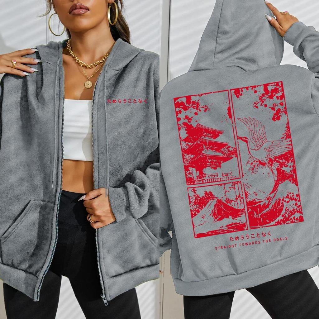 Japan Building Cherry Bloom Harajuku Crane Print Women Hoodie Street Loose Hoodies Zipper Fleece Hoody Soft Clothing