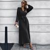 Women V Neck Long Sleeve Pleated A Line Solid Color Lace Up High Waist All Match Dresses S-XXL