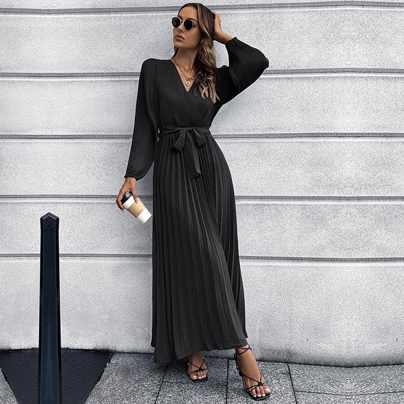 Women V Neck Long Sleeve Pleated A Line Solid Color Lace Up High Waist All Match Dresses S-XXL