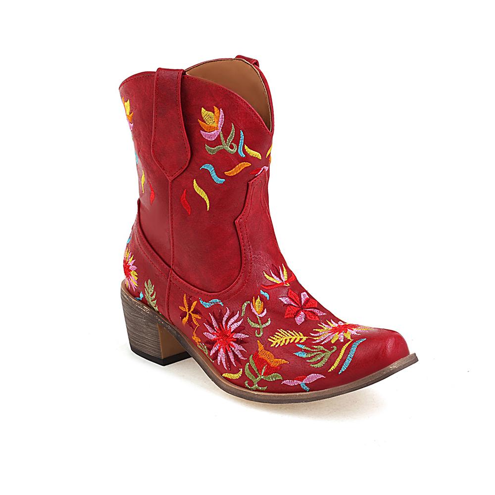 Women's Short Boots With Embroidered Flowers Pointed Toe And Thick Heels Oversized Western Boots With Plush Floral Inner Lining