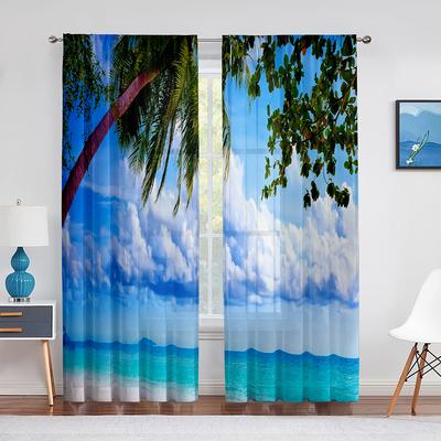 Palme Tropicali Costiere Paesaggio Estivo sull'Oceano Tende in Garza per Soggiorno Voile Leggero in Chiffon Tenda per Cucina Camera da Letto