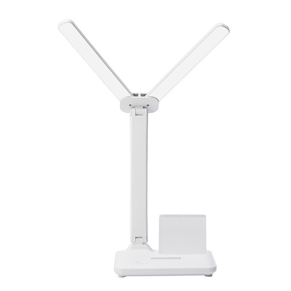 

Светодиодная двухголовая настольная лампа с USB-зарядкой, защитные лампы для глаз, регулируемая яркость, складная лампа для чтения с держателем для ручки для офиса белый